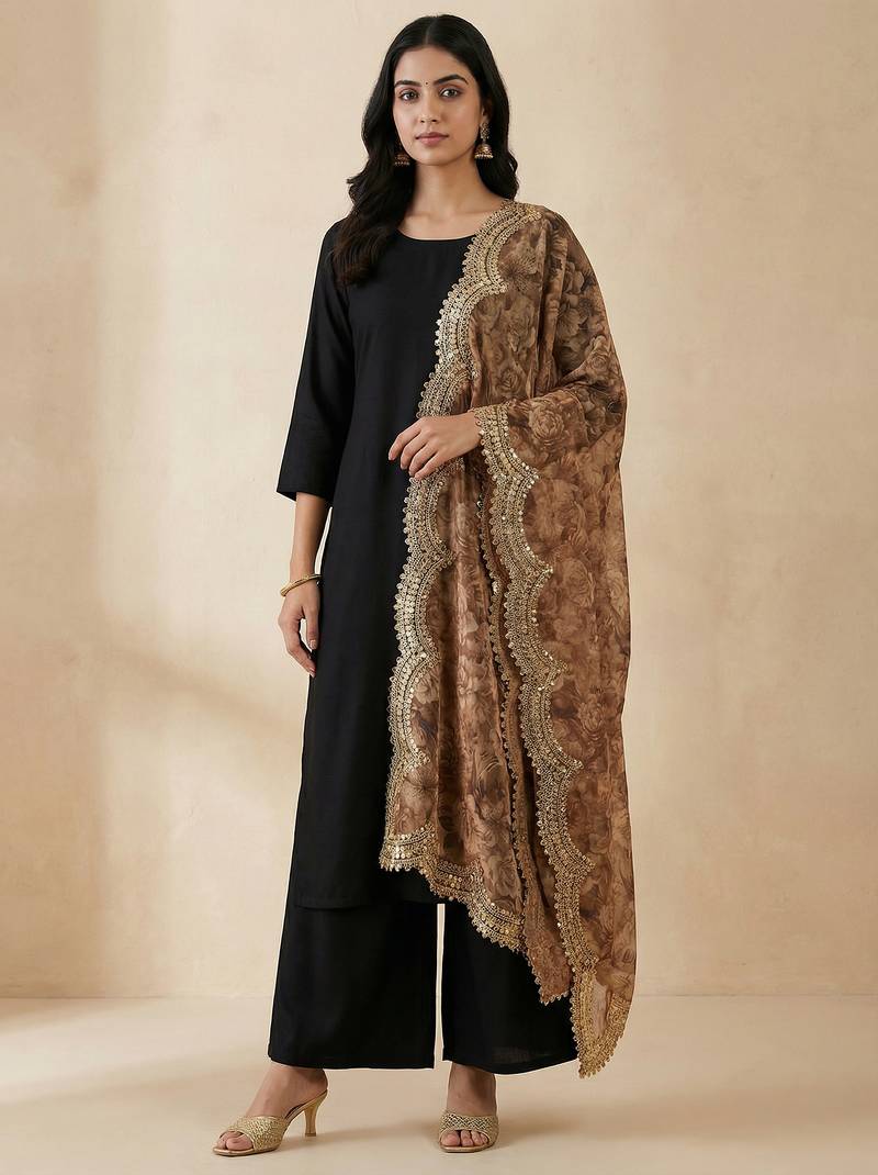 Negative printed brown satin shiney orgenza silk fabric sequnce dupatta