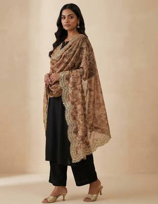 Negative printed brown satin shiney orgenza silk fabric sequnce dupatta 2