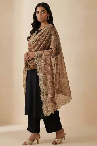 Negative printed brown satin shiney orgenza silk fabric sequnce dupatta