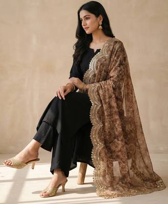 Negative printed brown satin shiney orgenza silk fabric sequnce dupatta 3
