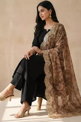 Negative printed brown satin shiney orgenza silk fabric sequnce dupatta