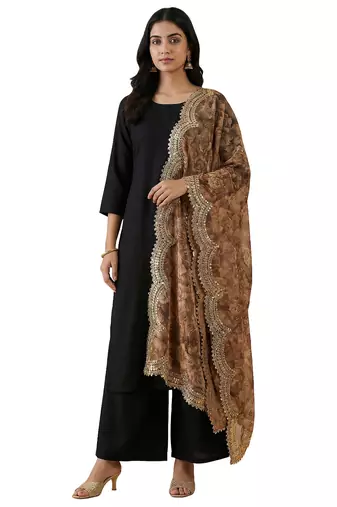 Negative printed brown satin shiney orgenza silk fabric sequnce dupatta