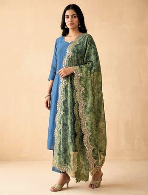 Negative printed green satin shiney orgenza silk fabric sequnce dupatta 1