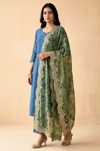 Negative printed green satin shiney orgenza silk fabric sequnce dupatta