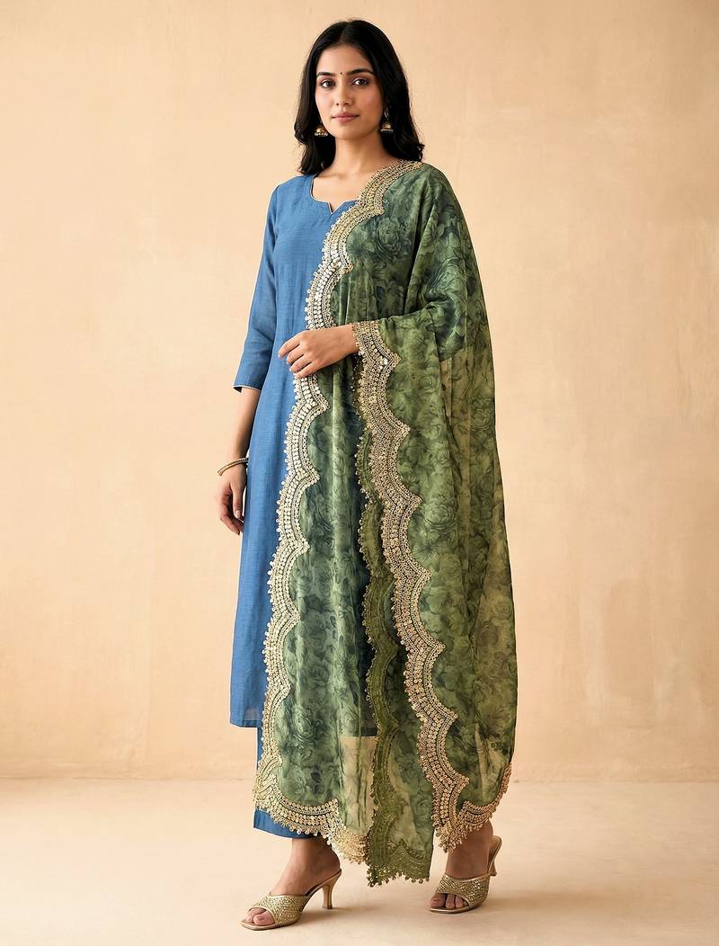 Negative printed green satin shiney orgenza silk fabric sequnce dupatta