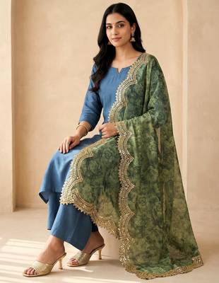 Negative printed green satin shiney orgenza silk fabric sequnce dupatta 2