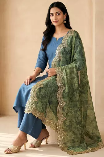 Negative printed green satin shiney orgenza silk fabric sequnce dupatta
