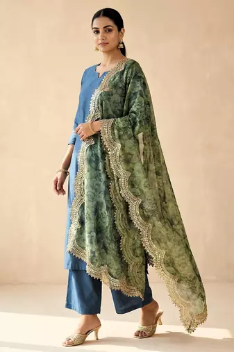 Negative printed green satin shiney orgenza silk fabric sequnce dupatta