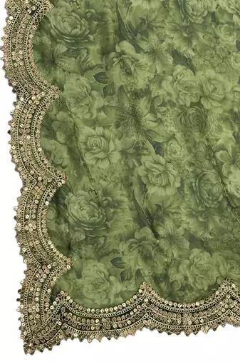 Negative printed green satin shiney orgenza silk fabric sequnce dupatta