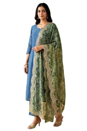 Negative printed green satin shiney orgenza silk fabric sequnce dupatta