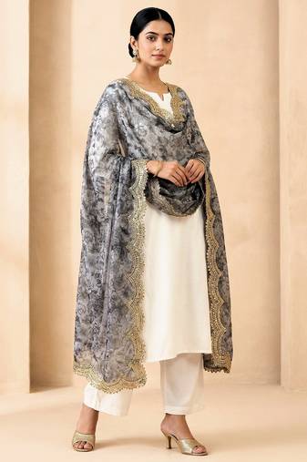 Negative printed grey satin shiney orgenza silk fabric sequnce dupatta