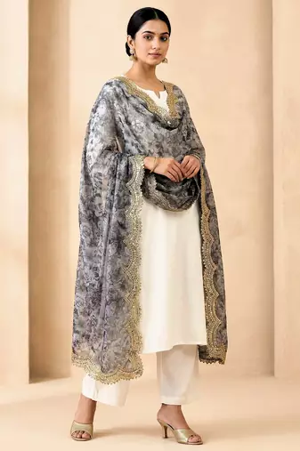 Negative printed grey satin shiney orgenza silk fabric sequnce dupatta