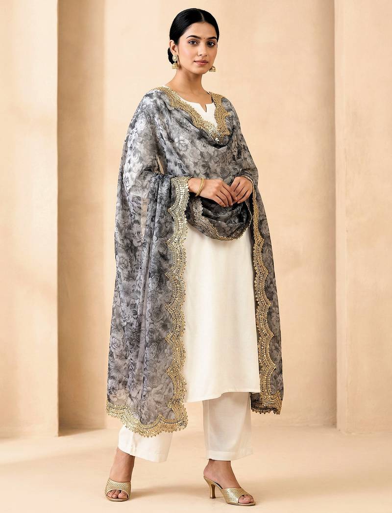 Negative printed grey satin shiney orgenza silk fabric sequnce dupatta