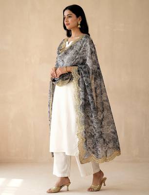 Negative printed grey satin shiney orgenza silk fabric sequnce dupatta 2