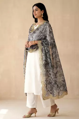 Negative printed grey satin shiney orgenza silk fabric sequnce dupatta