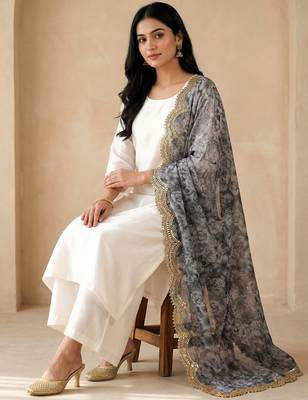 Negative printed grey satin shiney orgenza silk fabric sequnce dupatta 3