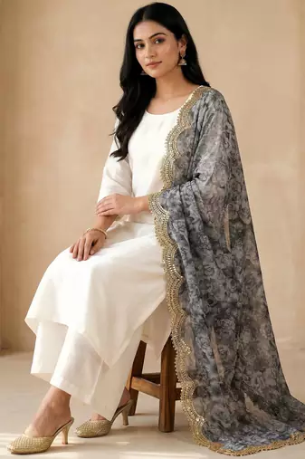 Negative printed grey satin shiney orgenza silk fabric sequnce dupatta