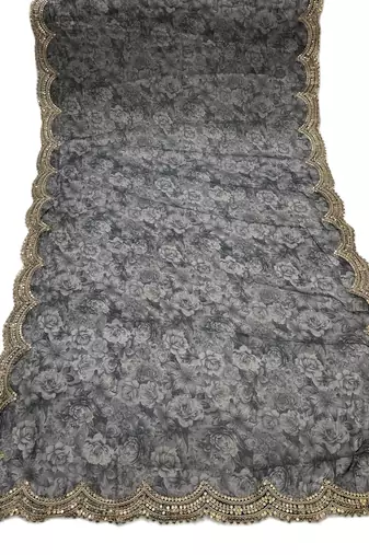 Negative printed grey satin shiney orgenza silk fabric sequnce dupatta