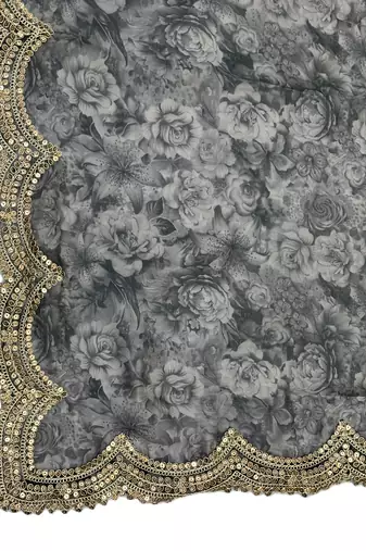 Negative printed grey satin shiney orgenza silk fabric sequnce dupatta