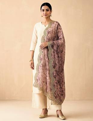 Negative printed megenta satin shiney orgenza silk fabric sequnce dupatta 1