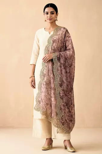 Negative printed megenta satin shiney orgenza silk fabric sequnce dupatta