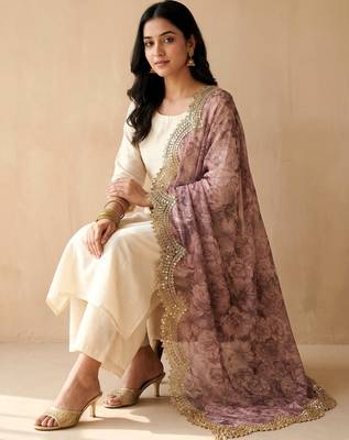 Negative printed megenta satin shiney orgenza silk fabric sequnce dupatta 2