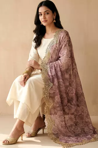 Negative printed megenta satin shiney orgenza silk fabric sequnce dupatta