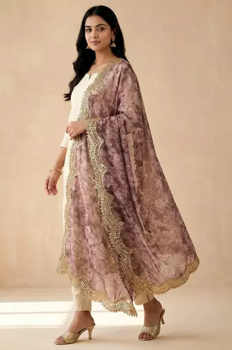 Negative printed megenta satin shiney orgenza silk fabric sequnce dupatta