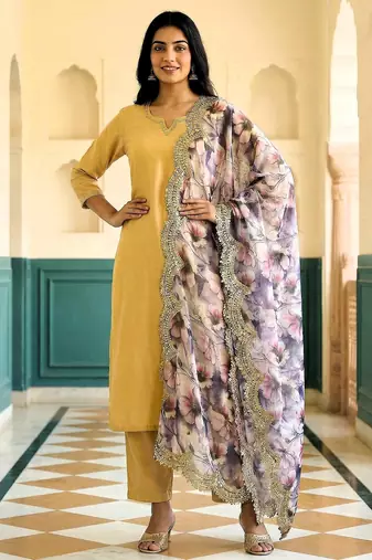 Floral printed violet colour satin orgenza silk fabric sequnce dupatta