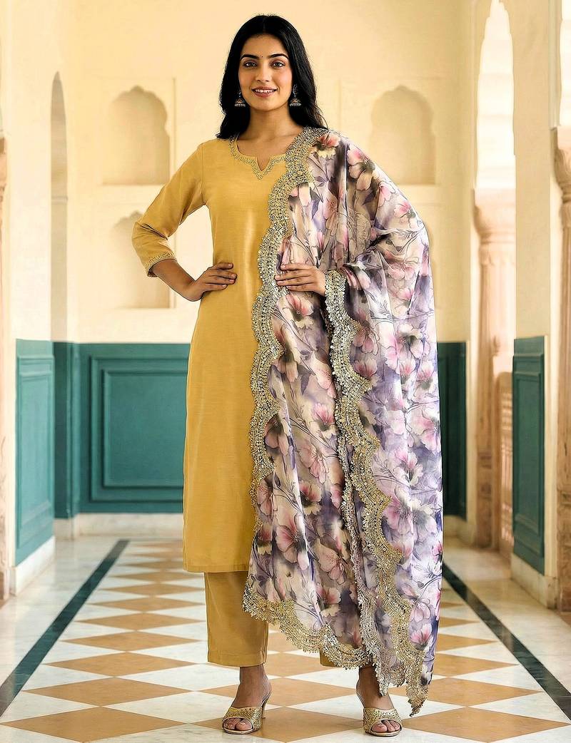 Floral printed violet colour satin orgenza silk fabric sequnce dupatta