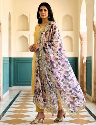 Floral printed violet colour satin orgenza silk fabric sequnce dupatta 2