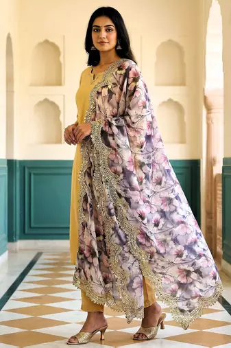 Floral printed violet colour satin orgenza silk fabric sequnce dupatta