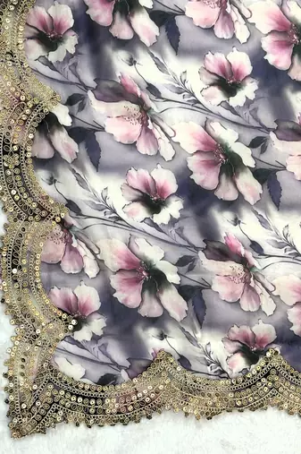 Floral printed violet colour satin orgenza silk fabric sequnce dupatta