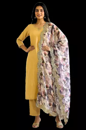 Floral printed violet colour satin orgenza silk fabric sequnce dupatta
