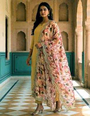 Floral printed mehendi colour satin orgenza silk fabric sequnce dupatta 1