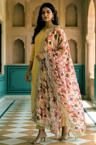 Floral printed mehendi colour satin orgenza silk fabric sequnce dupatta