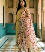 Floral printed mehendi colour satin orgenza silk fabric sequnce dupatta