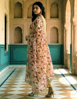 Floral printed mehendi colour satin orgenza silk fabric sequnce dupatta 2