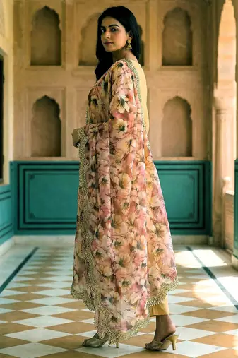 Floral printed mehendi colour satin orgenza silk fabric sequnce dupatta