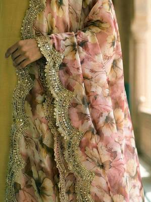 Floral printed mehendi colour satin orgenza silk fabric sequnce dupatta 3