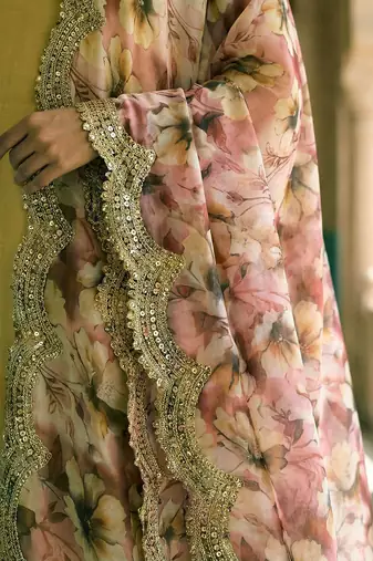 Floral printed mehendi colour satin orgenza silk fabric sequnce dupatta