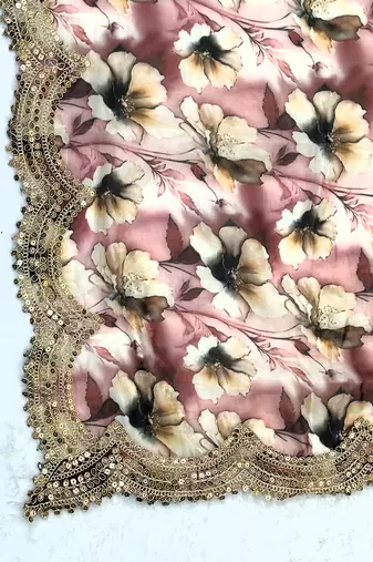Floral printed mehendi colour satin orgenza silk fabric sequnce dupatta