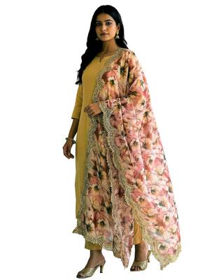 Floral printed mehendi colour satin orgenza silk fabric sequnce dupatta 6