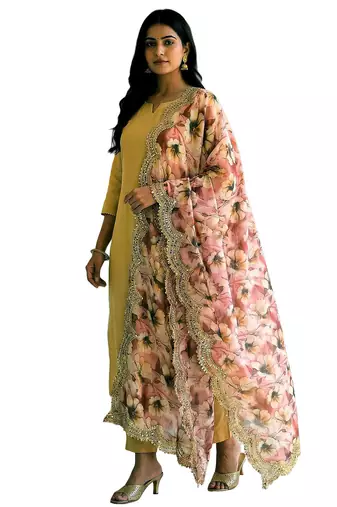 Floral printed mehendi colour satin orgenza silk fabric sequnce dupatta