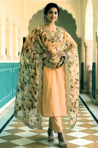Floral printed green colour satin orgenza silk fabric sequnce dupatta