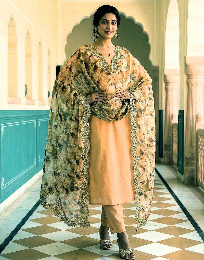 Floral printed green colour satin orgenza silk fabric sequnce dupatta