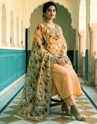 Floral printed green colour satin orgenza silk fabric sequnce dupatta 2
