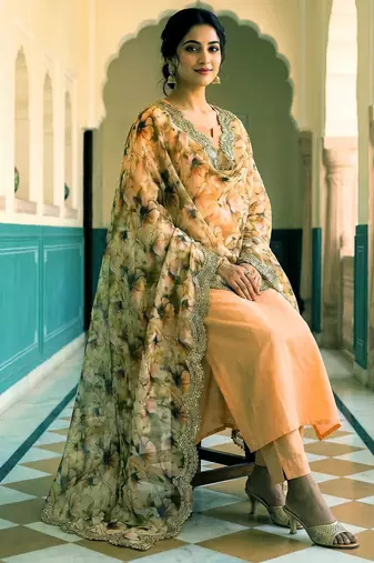 Floral printed green colour satin orgenza silk fabric sequnce dupatta