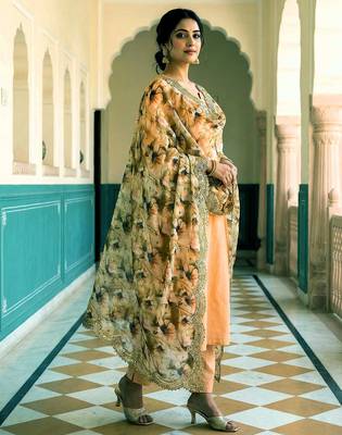 Floral printed green colour satin orgenza silk fabric sequnce dupatta 3