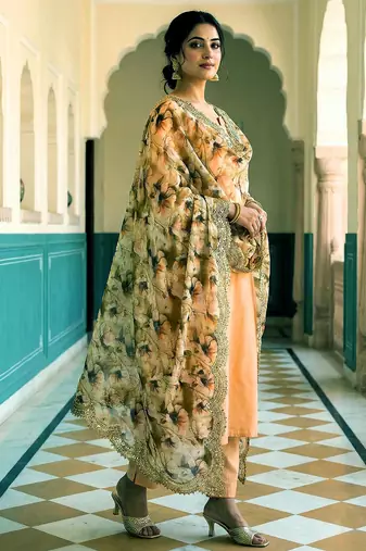 Floral printed green colour satin orgenza silk fabric sequnce dupatta